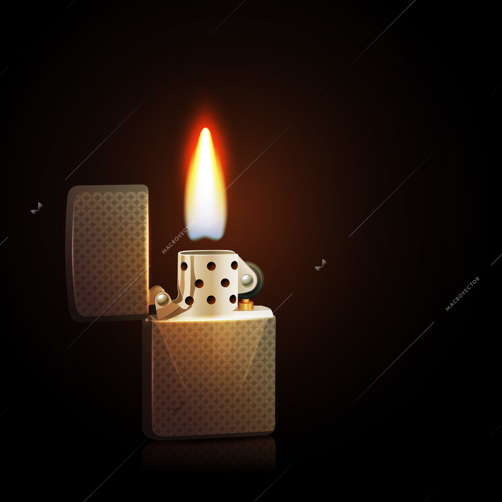 Realistic silver gasoline lighter with burning flame on dark background vector illustration