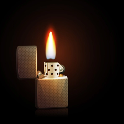 Realistic silver gasoline lighter with burning flame on dark background vector illustration