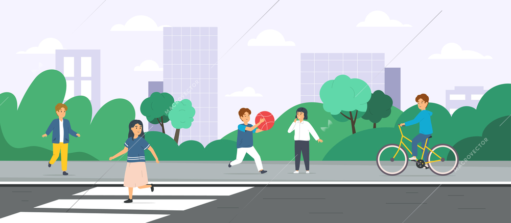 Children road rules composition with cityscape view of city street with road crosswalk and running kids vector illustration