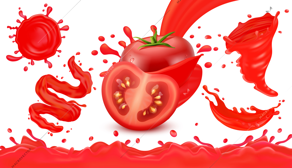 Realistic tomato juice splashes and whole ripe vegetable on white background vector illustration