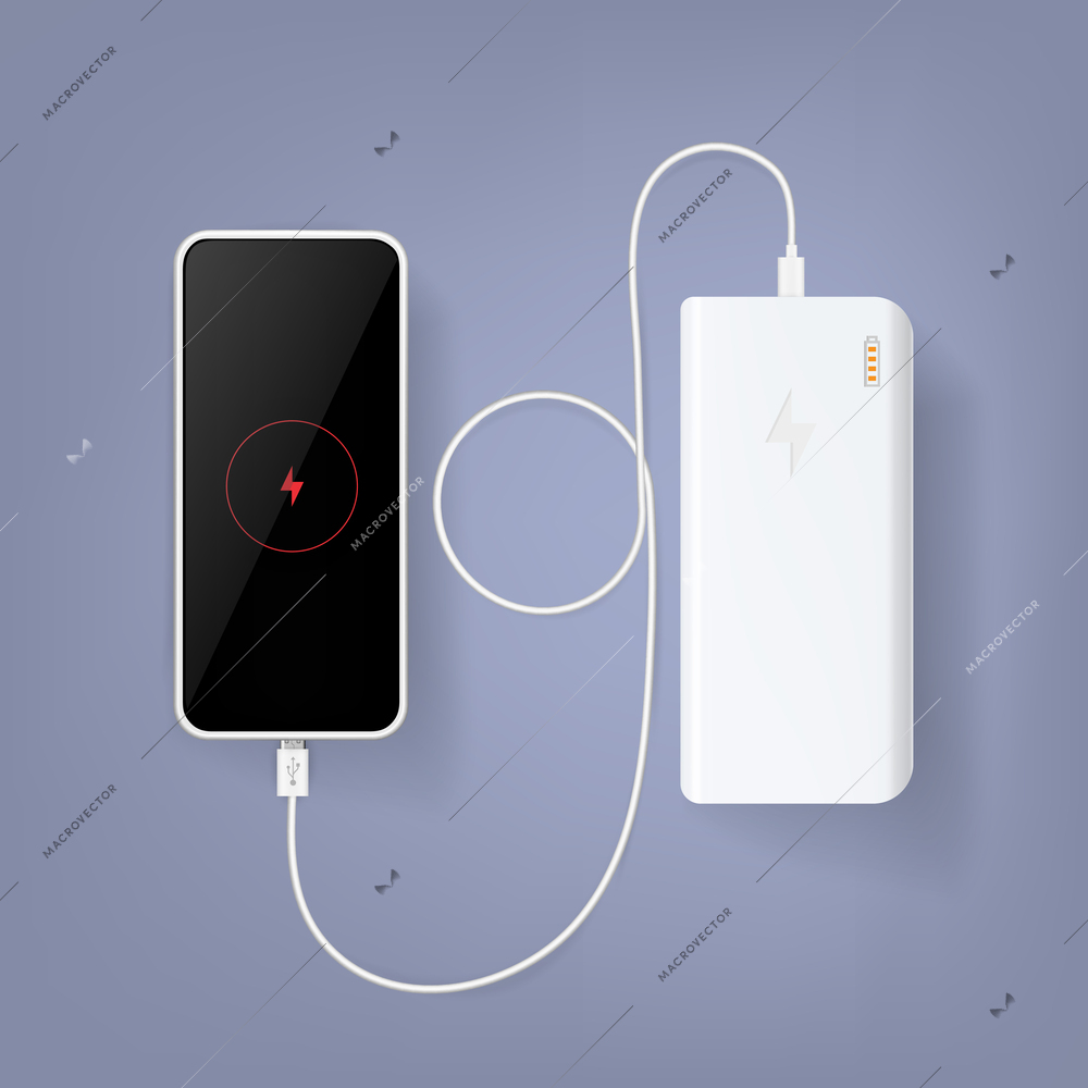 Smartphone charging with power bank on color background top view realistic composition vector illustration