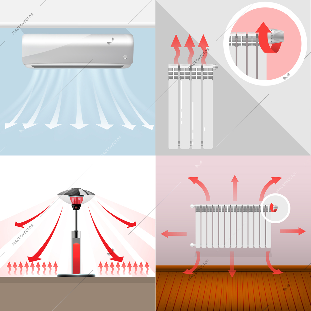 Various house and outdoor heaters with arrows showing air flows flat 2x2 set isolated vector illustration