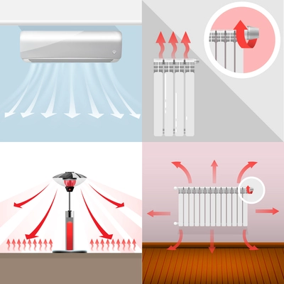 Various house and outdoor heaters with arrows showing air flows flat 2x2 set isolated vector illustration