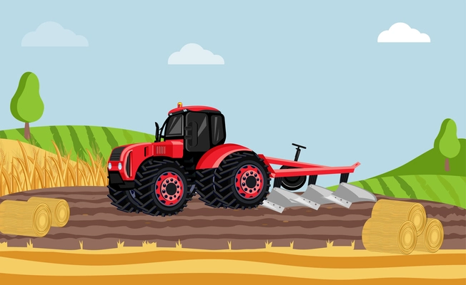 Agricultural machine flat composition with hay rolls and tractor with plough working on field vector illustration