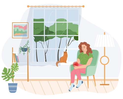 Physical pain and injury flat composition with cozy interior scenery and woman on chair holding knee vector illustration