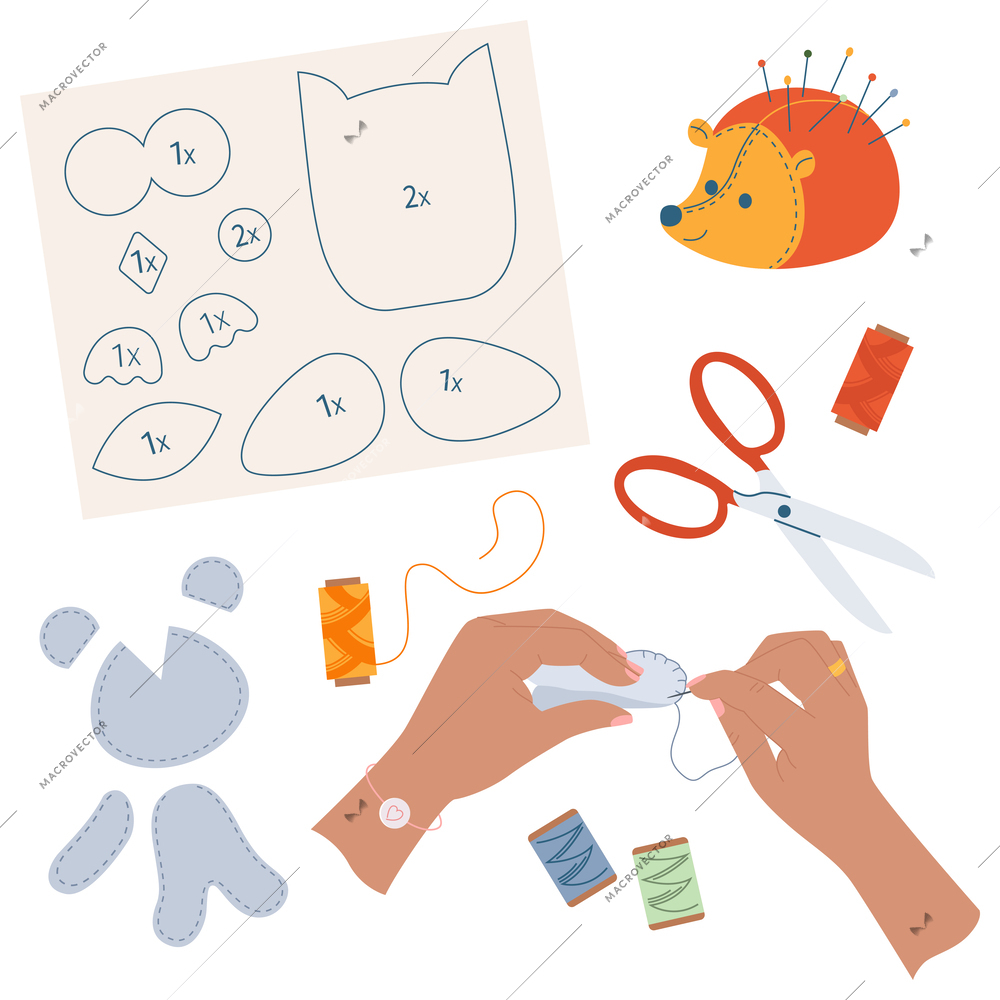 Hands craft flat composition of hands with needle sewing toy parts with pattern and cotton thread vector illustration