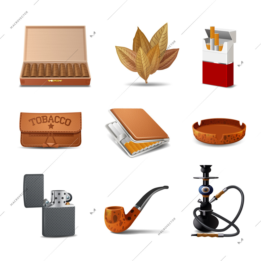 Tobacco decorative realistic icon set with cigars cigarette pack ash tray isolated vector illustration