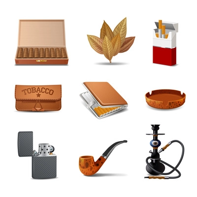 Tobacco decorative realistic icon set with cigars cigarette pack ash tray isolated vector illustration