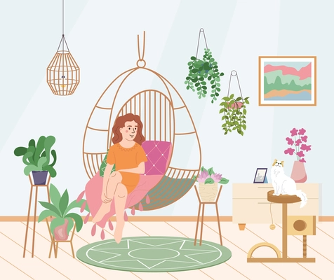 Home gardening flat composition with indoor interior scenery with woman in hammock chair surrounded by plants vector illustration
