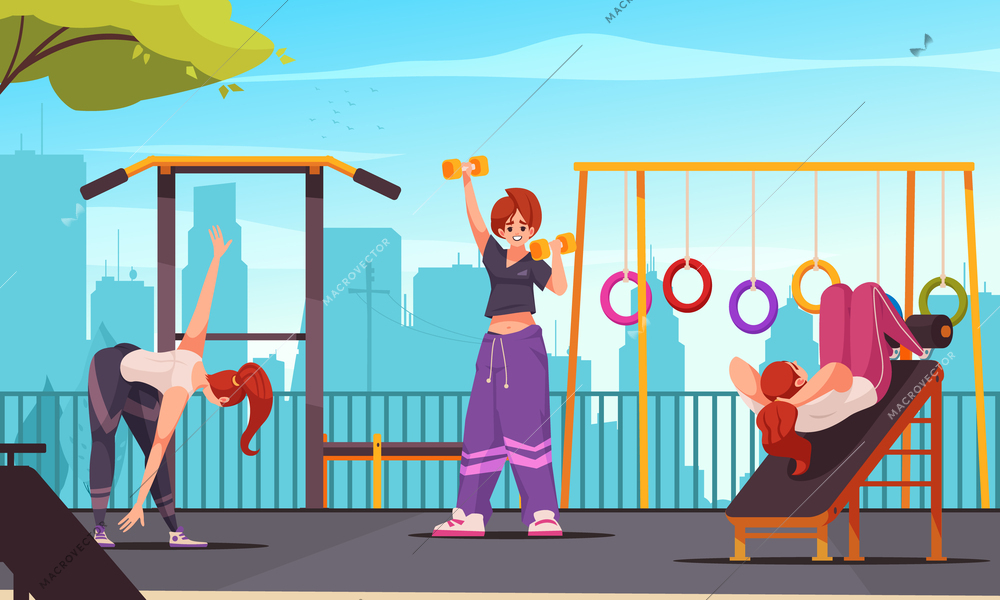 Workout cartoon concept with young women doing sports outdoors vector illustration