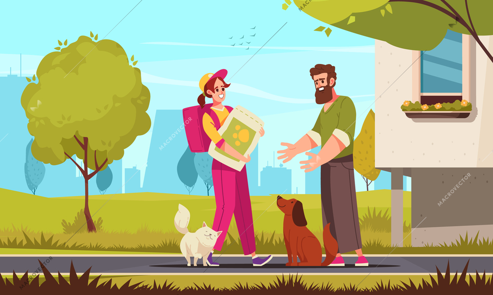 Pet service cartoon poster with courier delivering dog food vector illustration