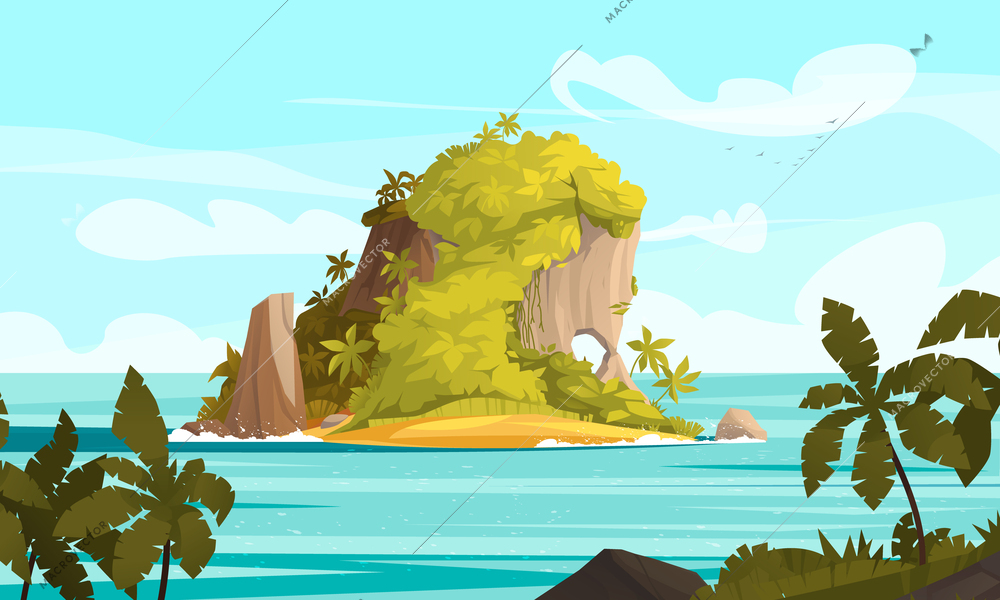 Tropical island cartoon concept with stone land covered with forest vector illustration