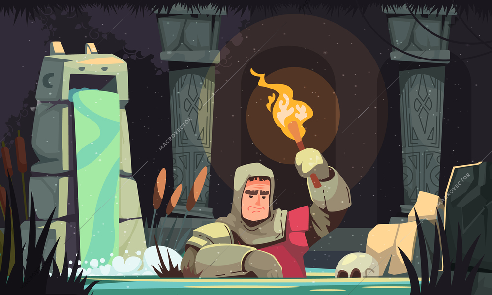 Dungeon cartoon concept with armoured man holding torch in medieval interrior vector illustration
