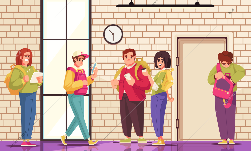 Students with backpacks cartoon poster in college corridor vector illustration