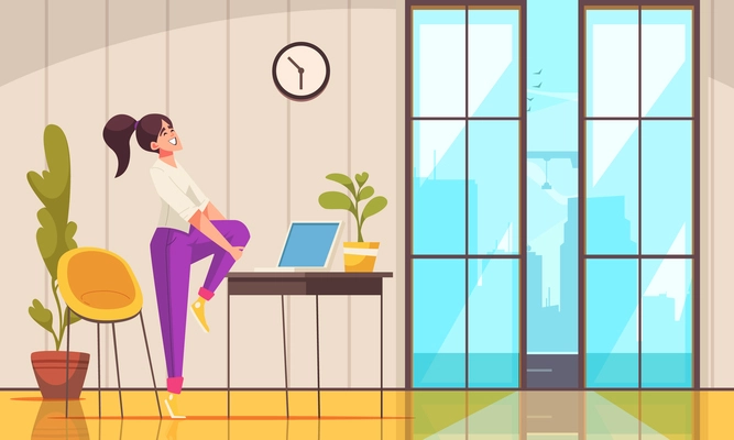 Workplace stretches cartoon poster with woman having exercises in office vector illustration