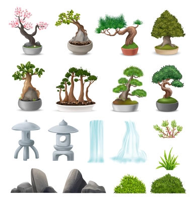 Realistic japanese bonsai tree icons set with natural stone garden elements isolated vector illustration