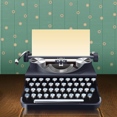 Retro style realistic typewriter with paper sheet on wooden desk with wallpaper background vector illustration