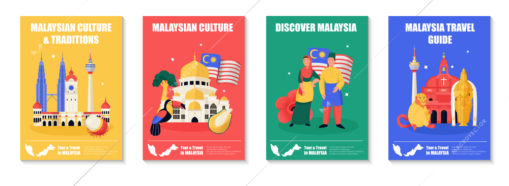 Malaysia travel poster set with culture and tradition symbols isolated flat vector illustration