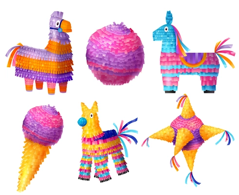 Realistic mexican pinatas in different shapes icons set isolated vector illustration