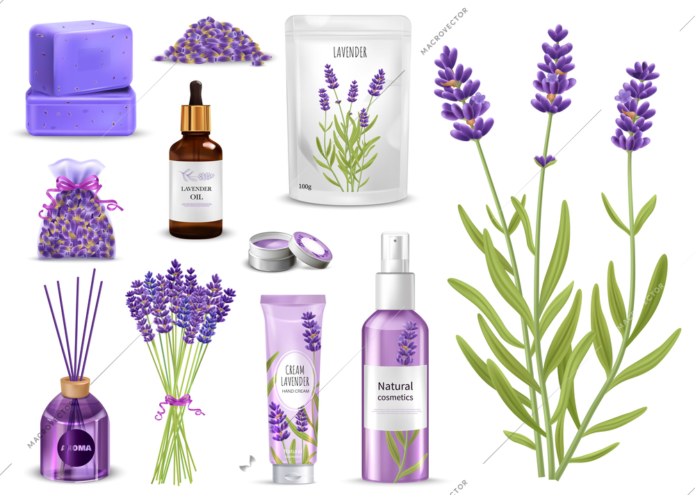 Realistic lavender products icons set with flowers and cosmetic products isolated vector illustration