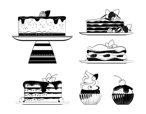 Desserts drawing outline set with isolated front view images of small and big cakes with topping vector illustration