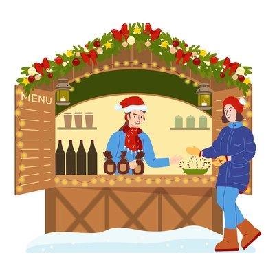 Christmas fair flat composition with view of decorated market stall seller and buyer on blank background vector illustration