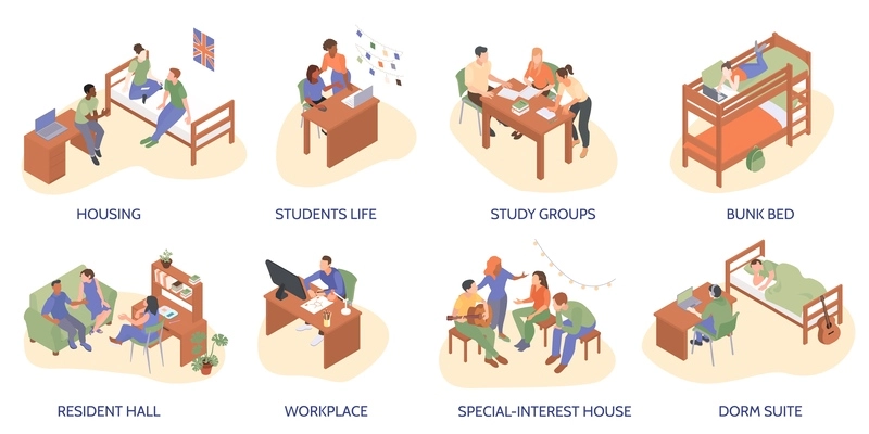 Dorm suite study groups resident hall bunk bed workplace in student dormitory isolated compositions isometric vector illustration