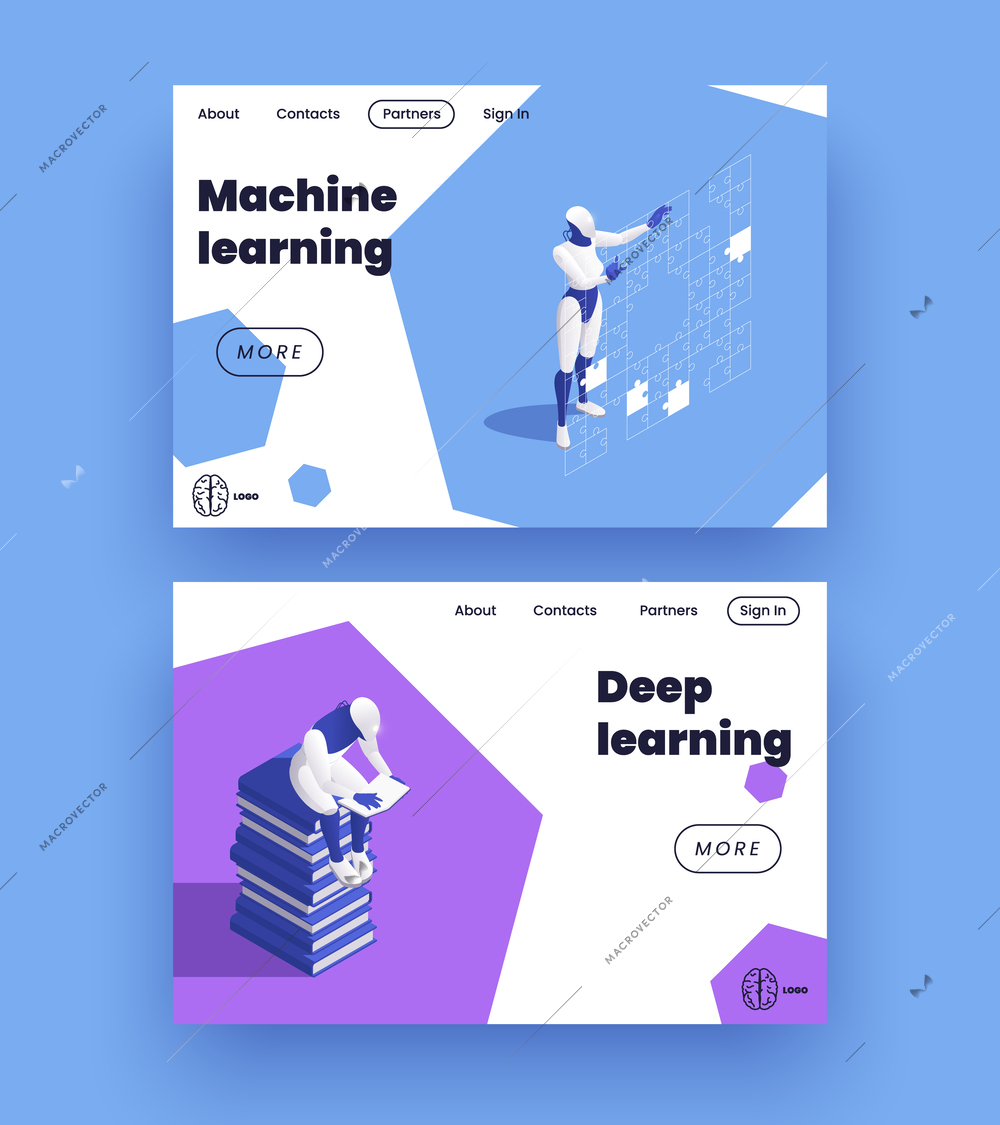 Machine learning deep learning isometric set of two web site landing pages with clickable text links vector illustration
