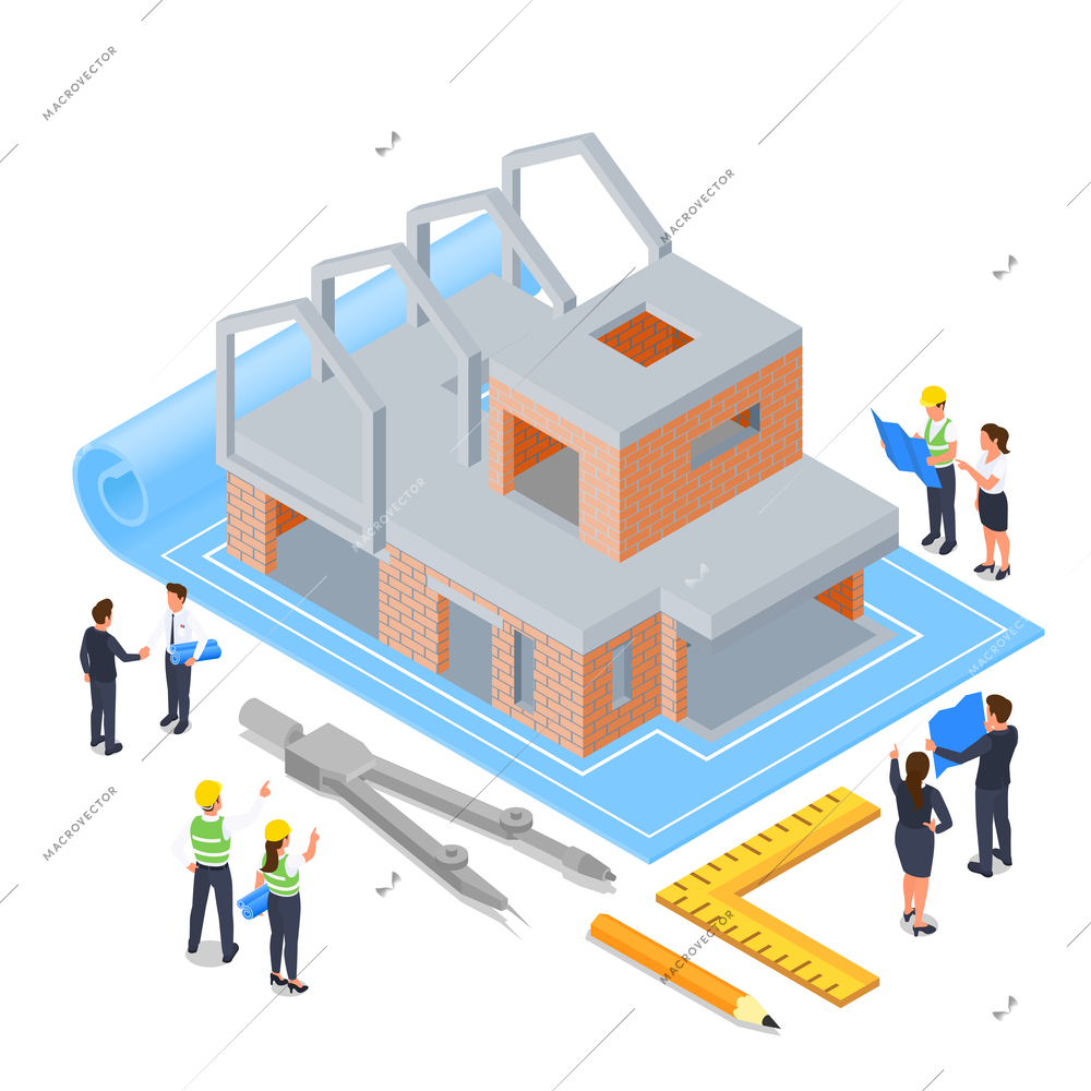 Architect construction engineer isometric composition with building on top of paper project with characters of workers vector illustration