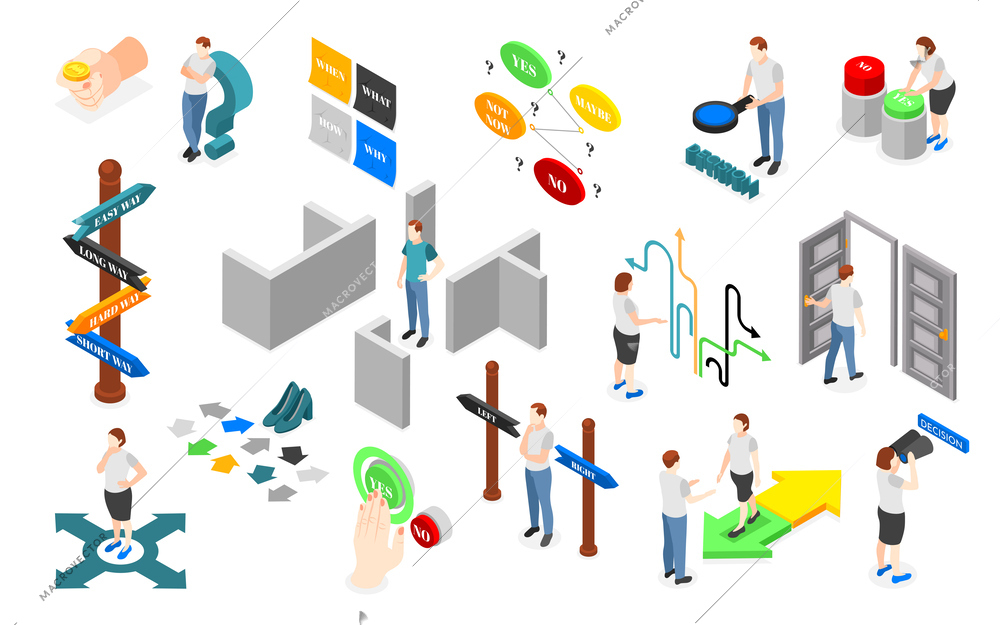 Decision making isometric icons set with problem solving symbols isolated vector illustration