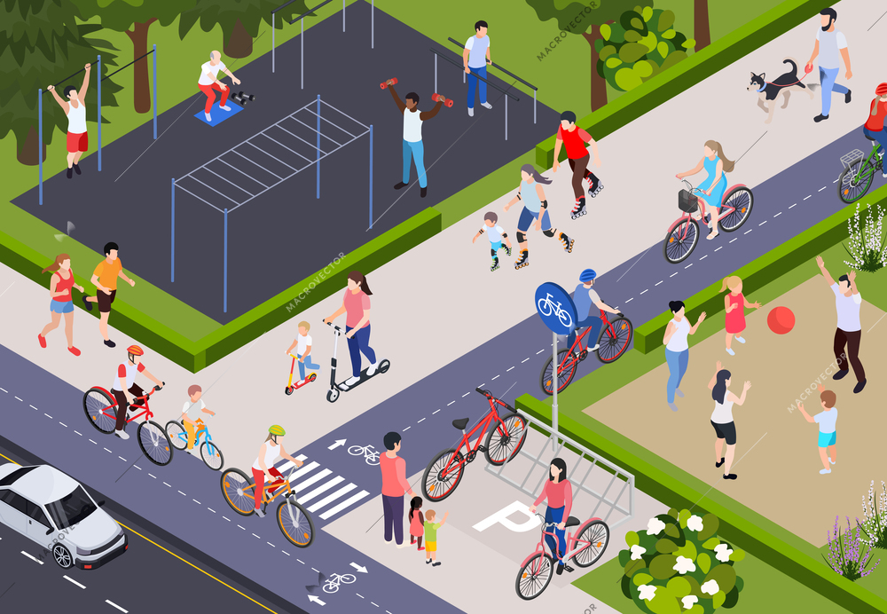 Regular sport physical activity people isometric composition with view of outdoor athletic ground and bike lanes vector illustration