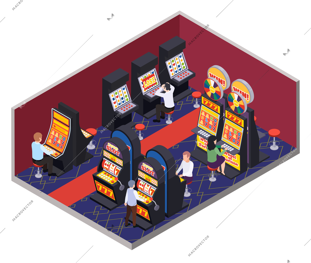 Casino isometric composition with indoor scenery and human characters of gaming players sitting at slot machines vector illustration
