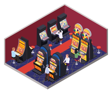 Casino isometric composition with indoor scenery and human characters of gaming players sitting at slot machines vector illustration