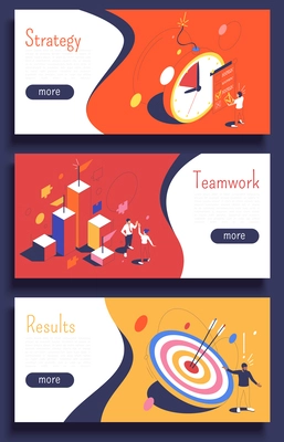 Project management three horizontal banners providing information about strategy teamwork results isometric vector illustration