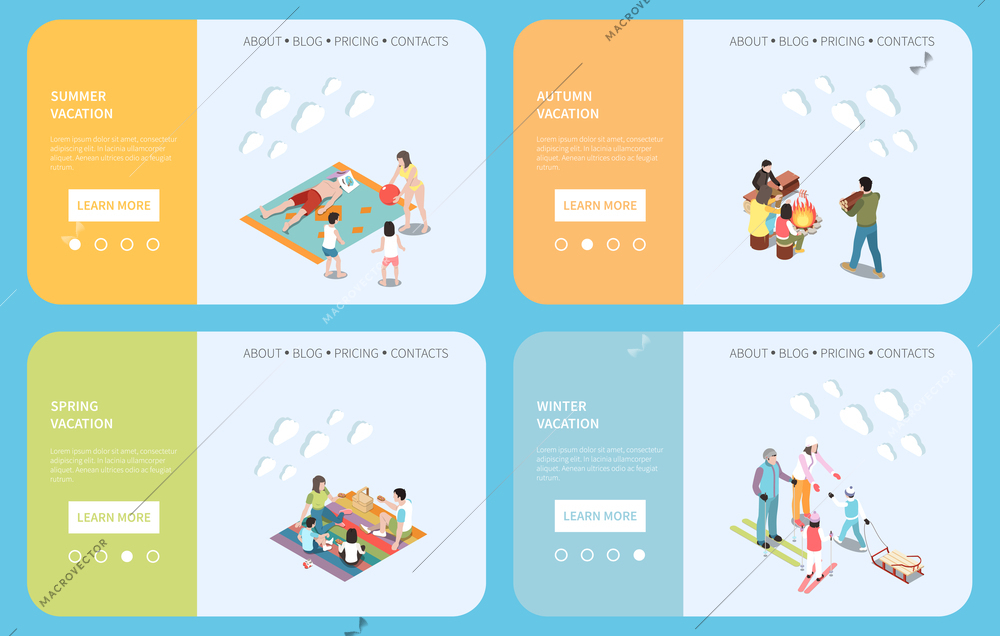 Family seasonal vacation isometric  landing pages with information about winter spring summer and autumn rest vector illustration