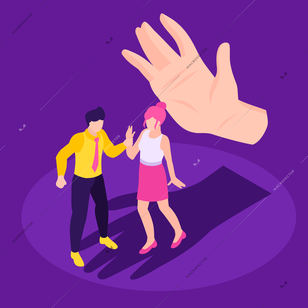 Isometric concept of sexual harassment with man grabbing woman by hand on color background vector illustration