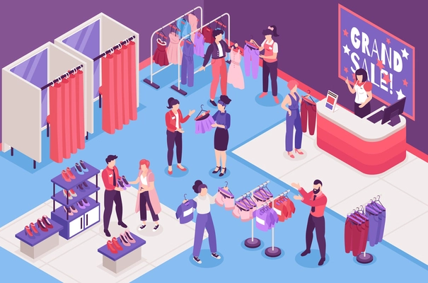 Clothing store isometric interior with shop assistants helping customers choose clothes and shoes 3d vector illustration