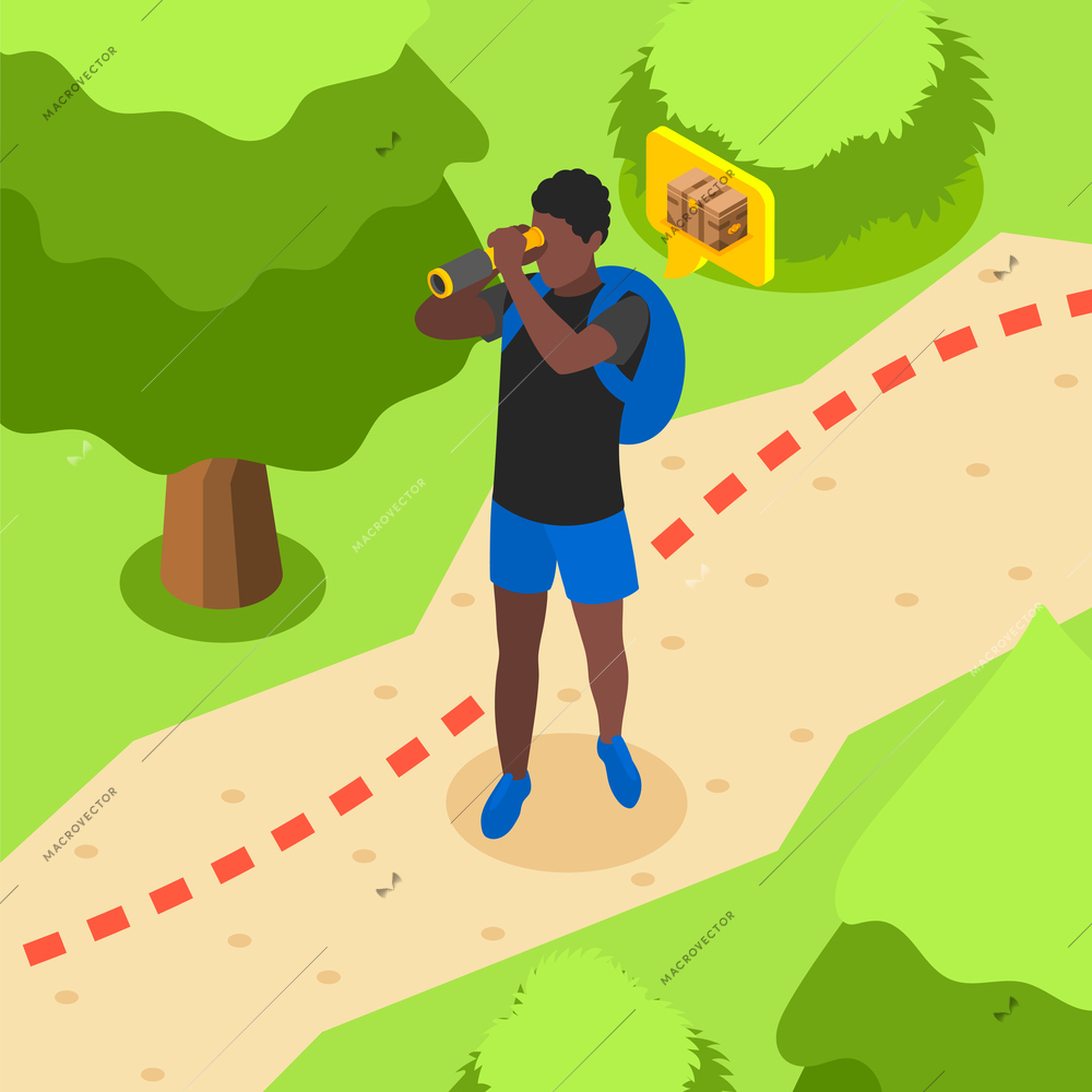 Treasure quest isometric background composition with outdoor park scenery and man with path and thought bubble vector illustration