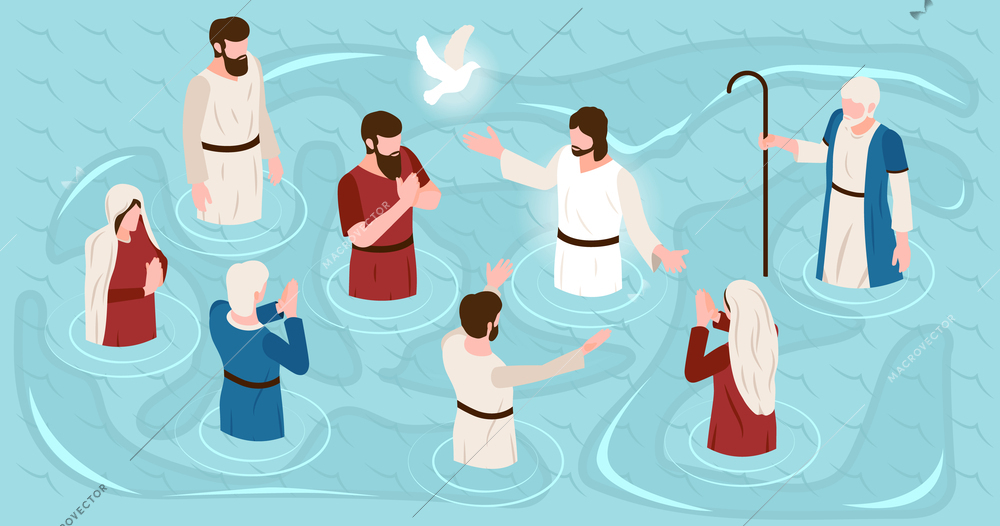 Jesus life composition with baptism and faith symbols isometric vector illustration