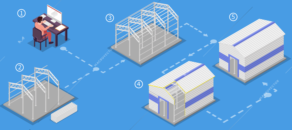 Metal constructions infographic set with industrial buildings technology structure symbols isometric vector illustration