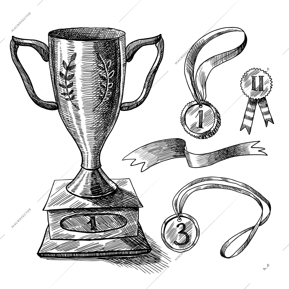 Trophy and awards decorative icons sketch set of medal winner cup isolated vector illustration