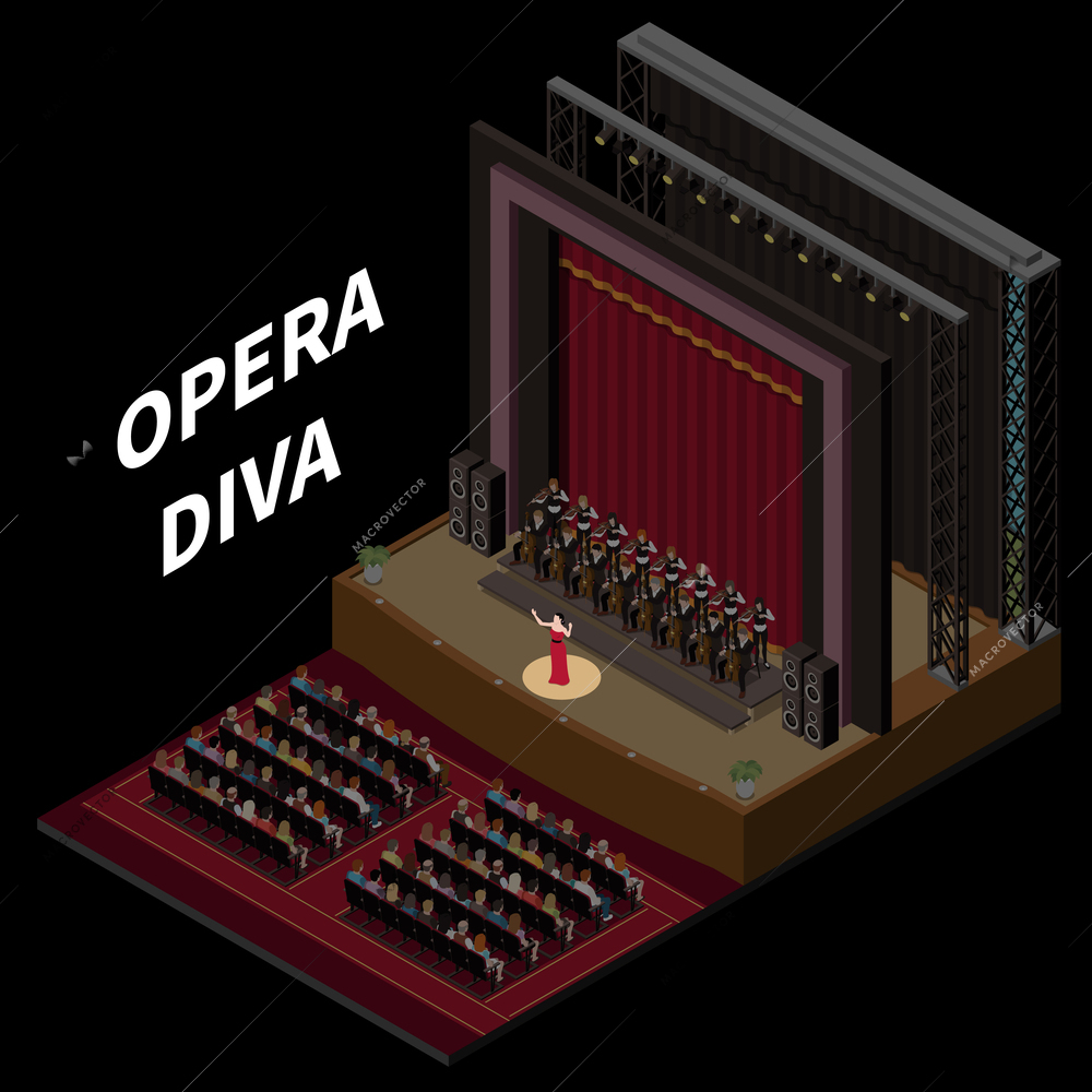 Theatre interior stage isometric concept with opera performance vector illustration