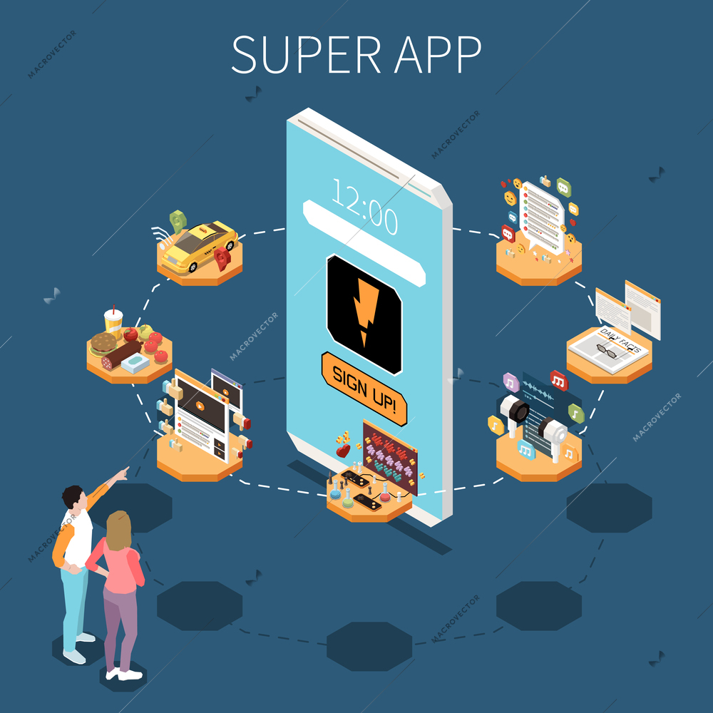 Superapp isometric composition with mobile phone surrounded by application icons vector illustration