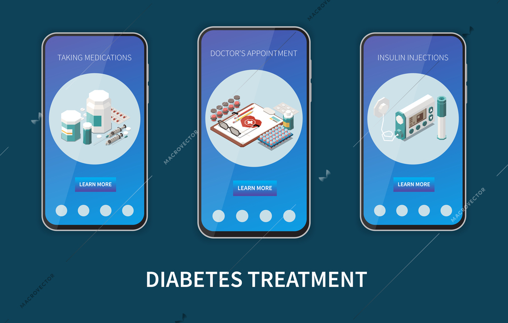 Diabetes isometric set with desease control mobile app templates isolated vector illustration