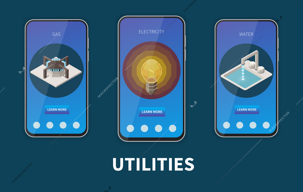 Utility expences set with mobile phones and payment application templated isolated vector illustration