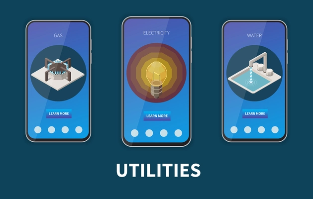 Utility expences set with mobile phones and payment application templated isolated vector illustration