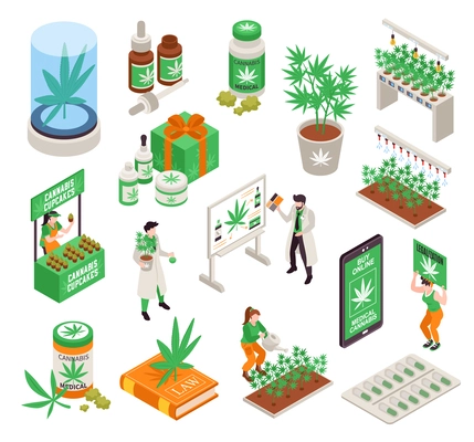 Cannabis legalization isometric set of people engaged in hemp cultivation and products for cooking cosmetics and medicine isolated vector illustration