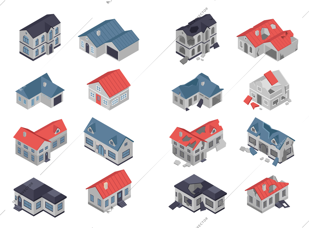 Isometric set of rustic and village buildings before and after cataclysm or war isolated vector illustration