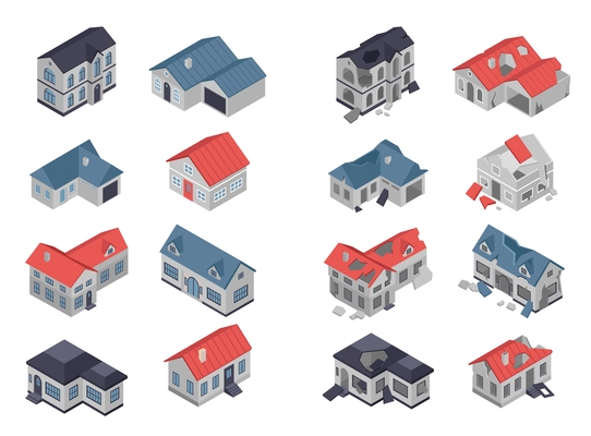 Isometric set of rustic and village buildings before and after cataclysm or war isolated vector illustration