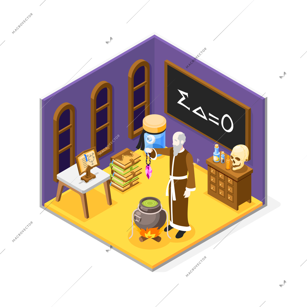 Alchemy isometric composition with alchemical laboratory interior and alchemist holding crystal over cauldron 3d vector illustration